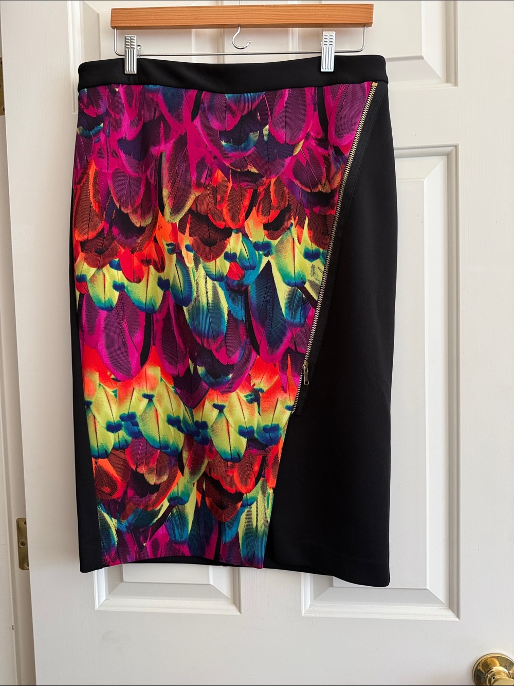 Black Pencil Skirt with Neon Feather Print Panel